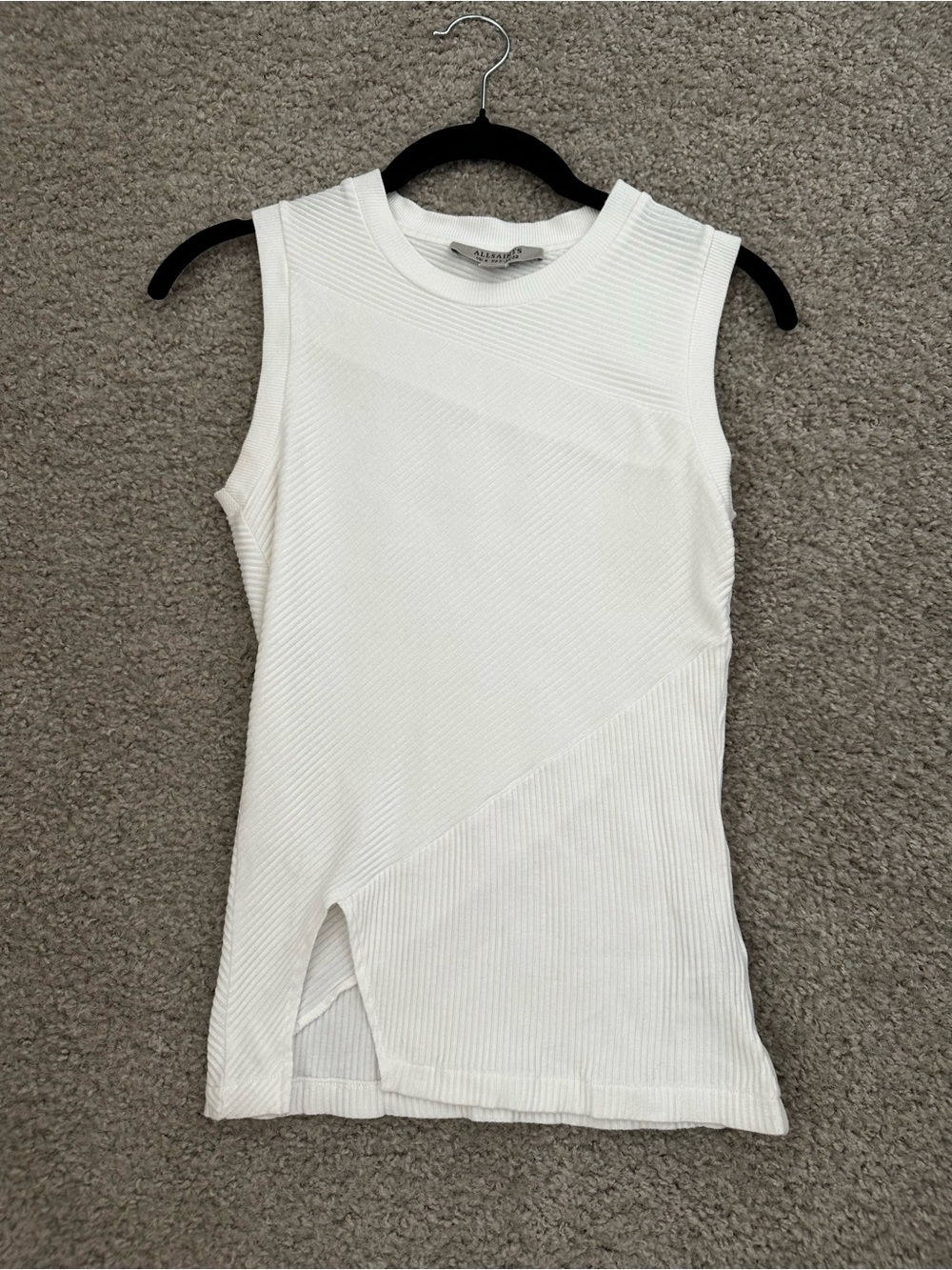 All Saints White Ribbed Sleeveless Tank with Front Overlap